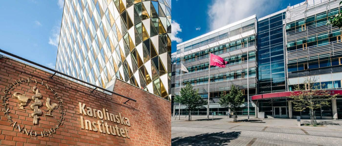 Bilder på KI-fasader vid campus Solna och campus Flemingsberg